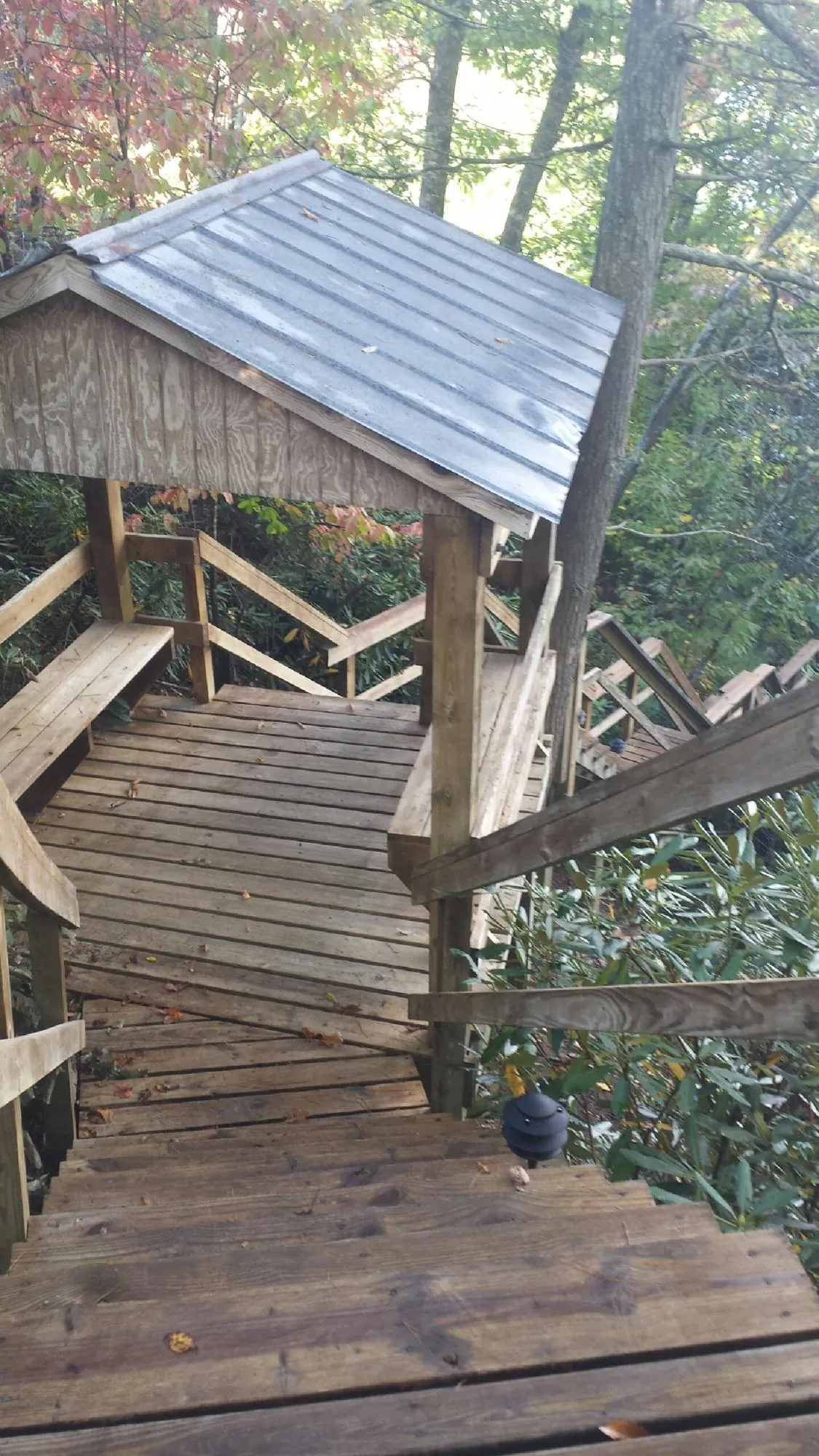 Metal roofed shelter over wooden steps on a wooded walkway — Skylight Repair & Installation work by our crew in Burke